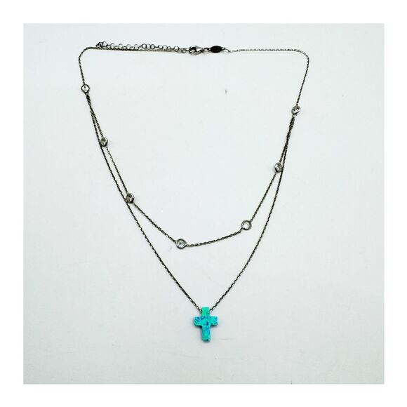 Sterling Silver Double Layer Opal Cross Necklace Bezel Set CZ Crystals Turkey - Picture 5 of 14